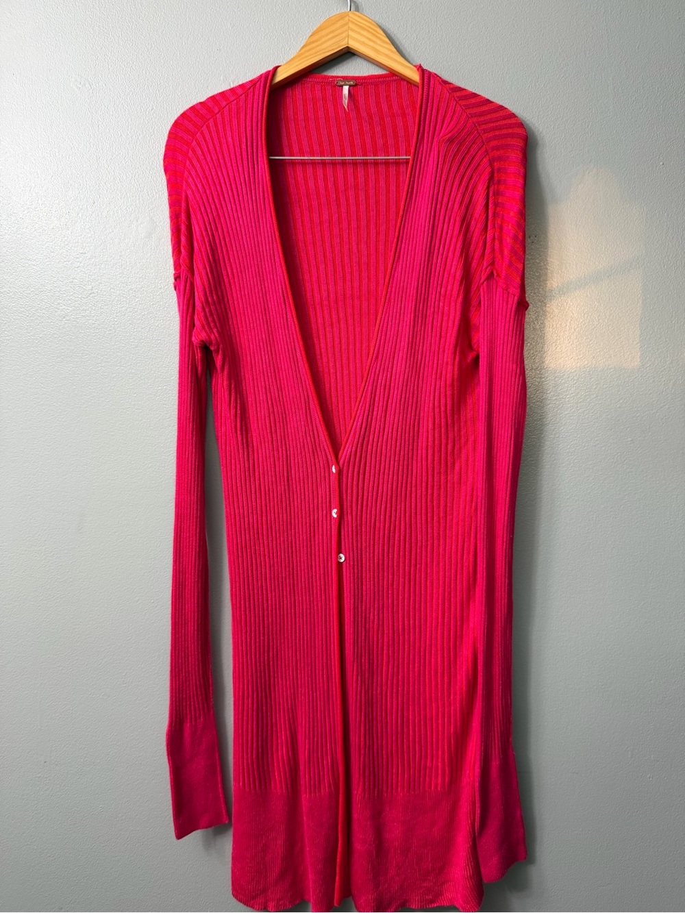 Free People Women’s Long Ribbed Button Cardigan Sweater - Hot Pink medium
